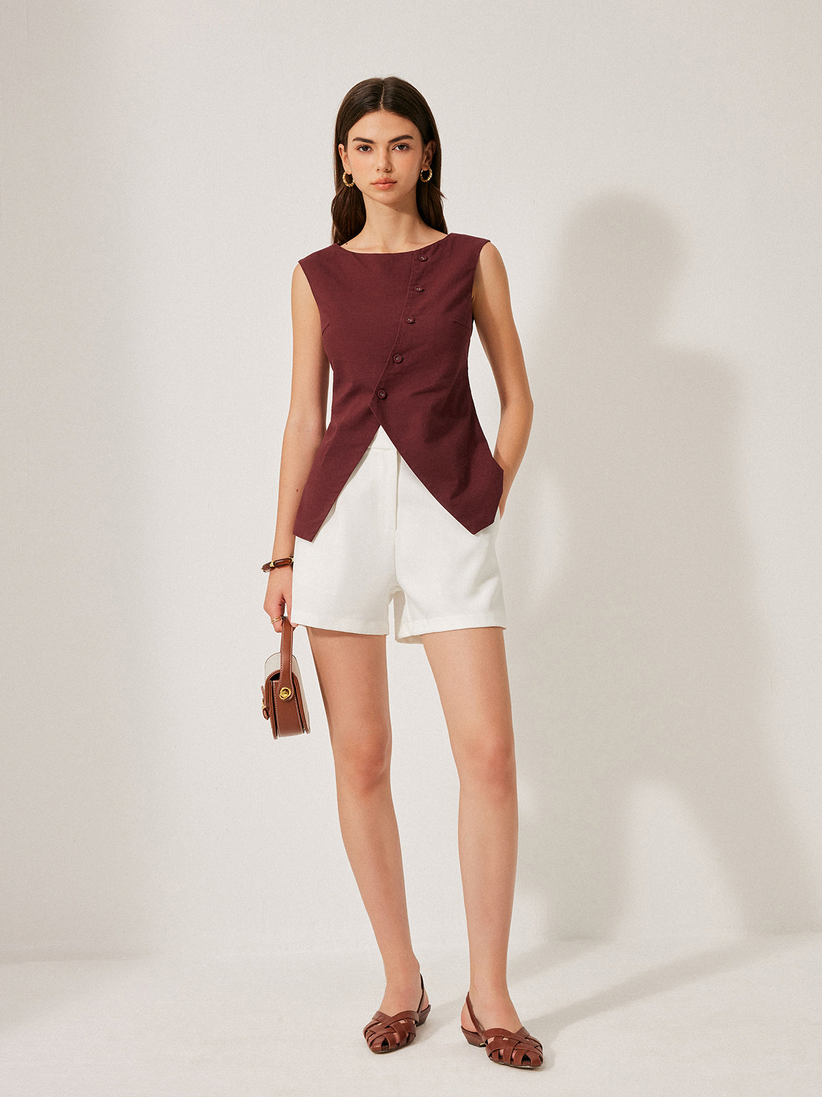 Cotton & Linen Button Detail Top-Chicvia