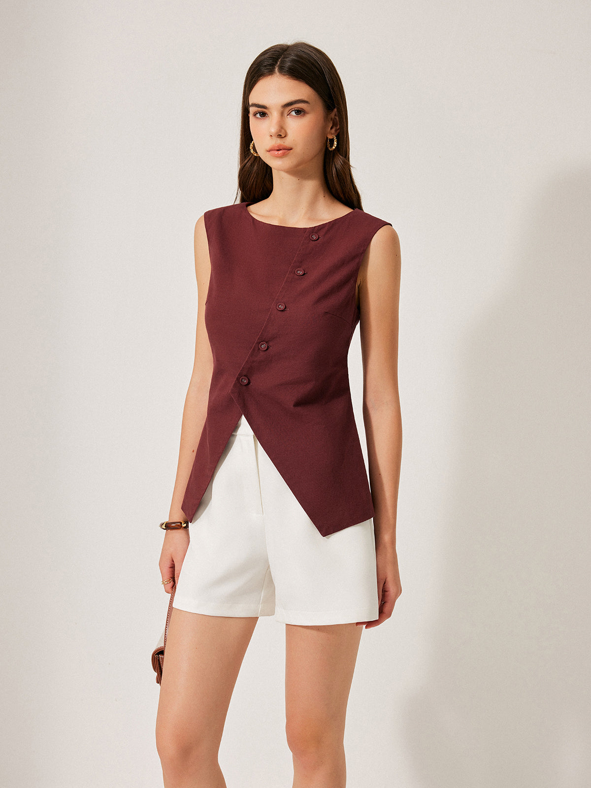 Cotton & Linen Button Detail Top-Chicvia