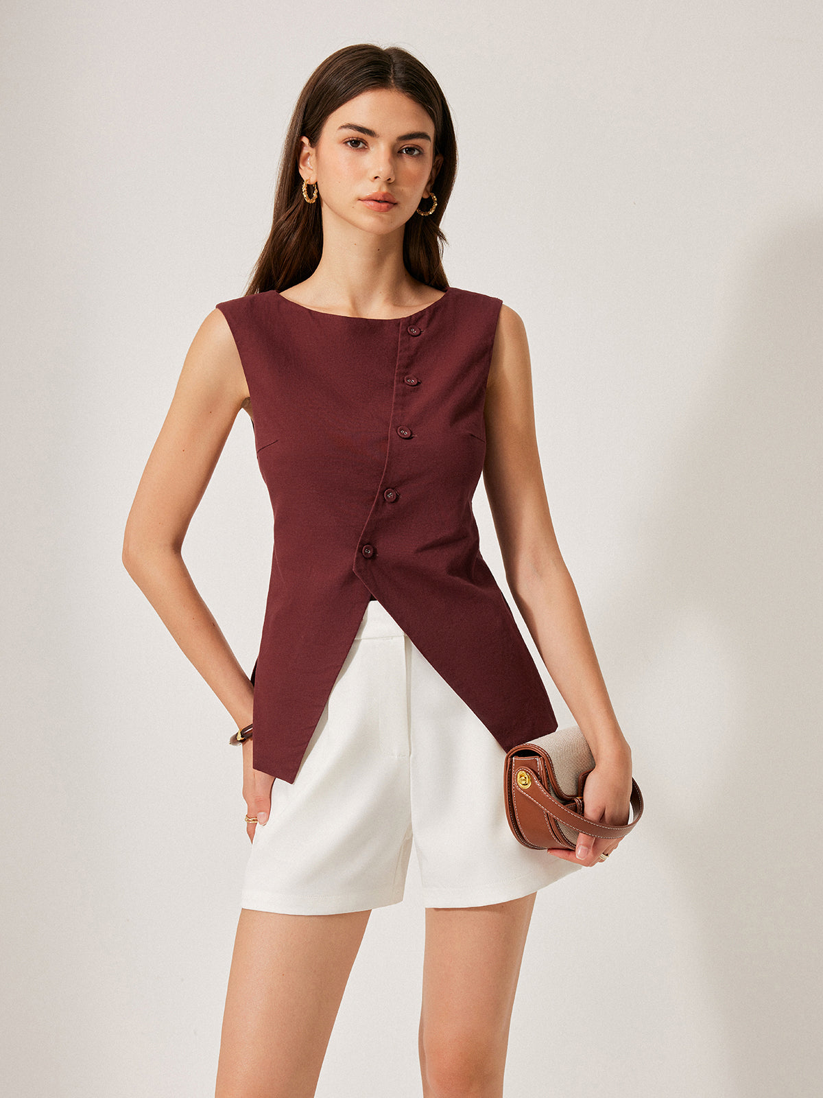 Cotton & Linen Button Detail Top-Chicvia