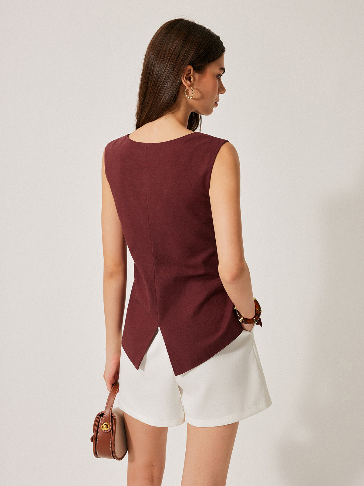 Cotton & Linen Button Detail Top-Chicvia