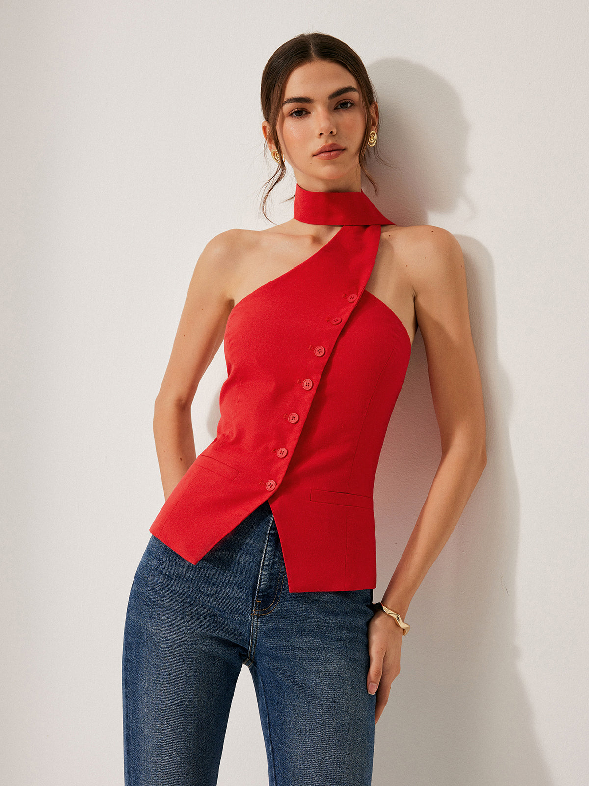 Cotton & Linen Halter Top With Decor Pockets-Chicvia