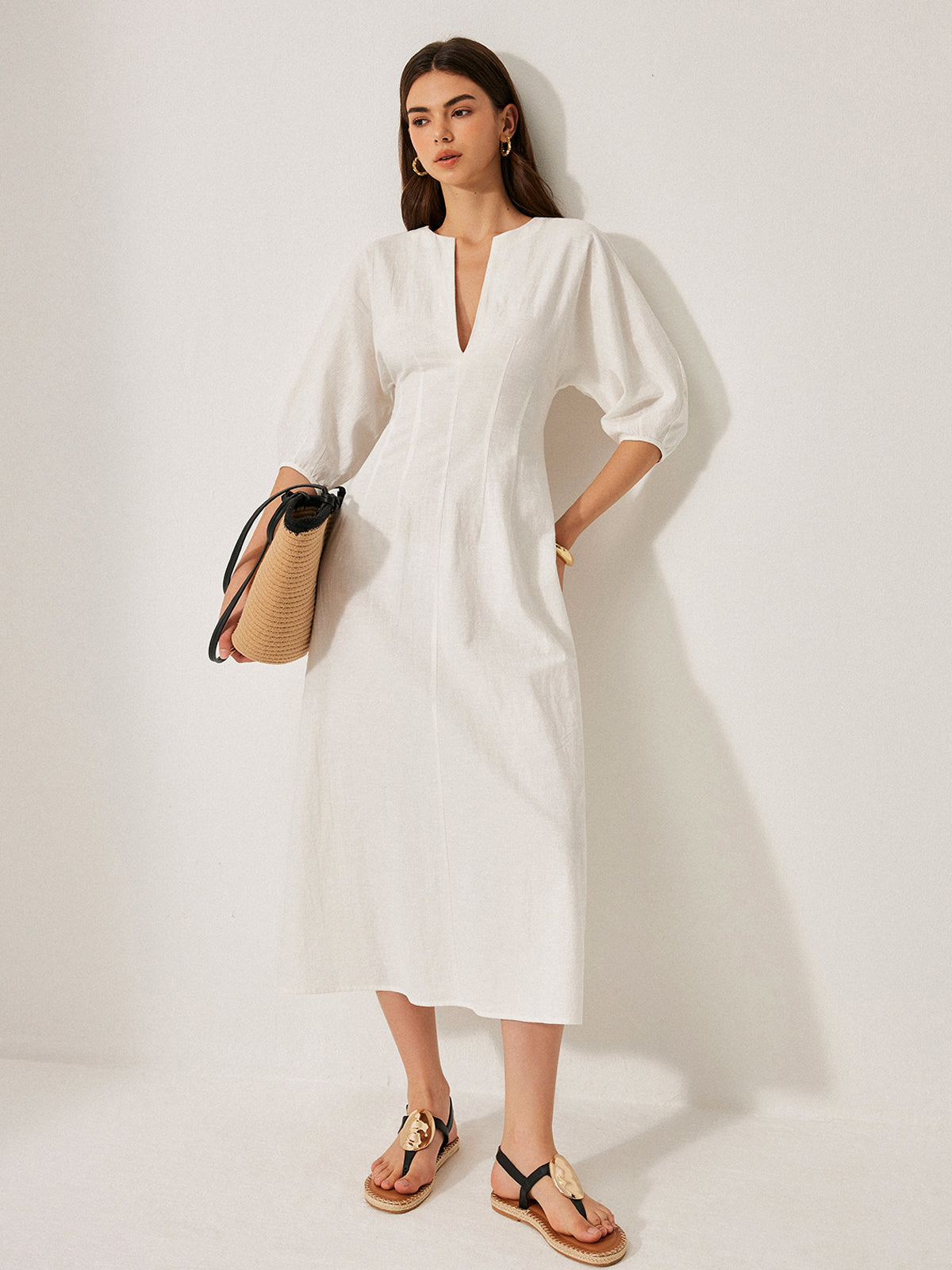 Cotton & Linen Puff Sleeve Dress Without Belt-Chicvia