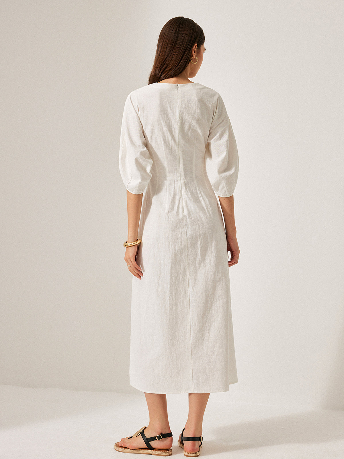 Cotton & Linen Puff Sleeve Dress Without Belt-Chicvia