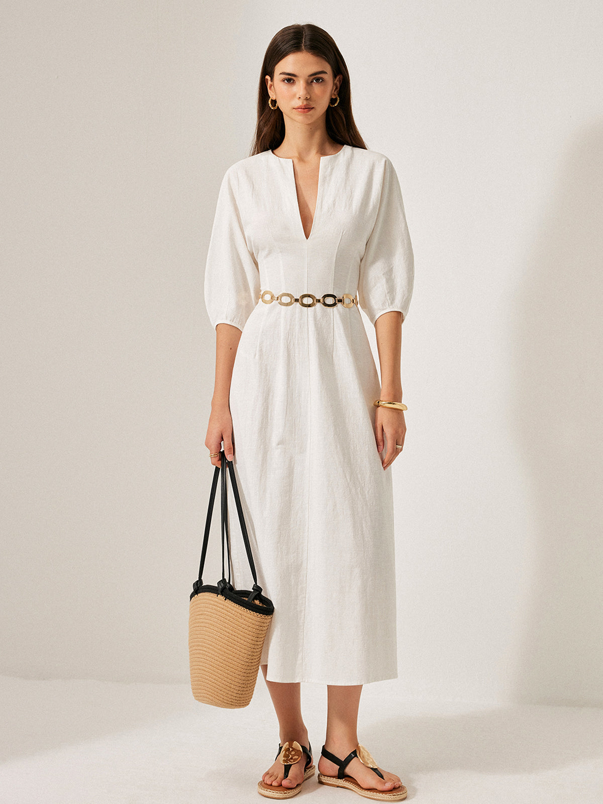 Cotton & Linen Puff Sleeve Dress Without Belt-Chicvia