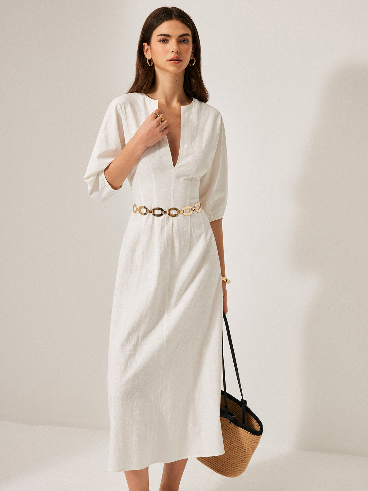 Cotton & Linen Puff Sleeve Dress Without Belt-Chicvia