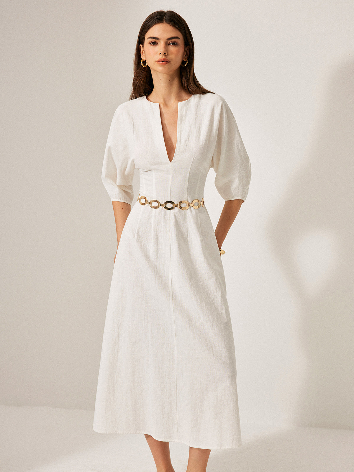 Cotton & Linen Puff Sleeve Dress Without Belt-Chicvia