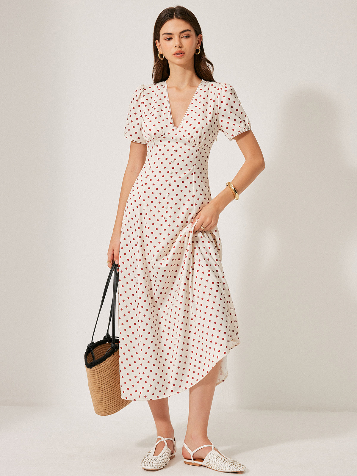 Polka Dot Puff Sleeve Dress-Chicvia