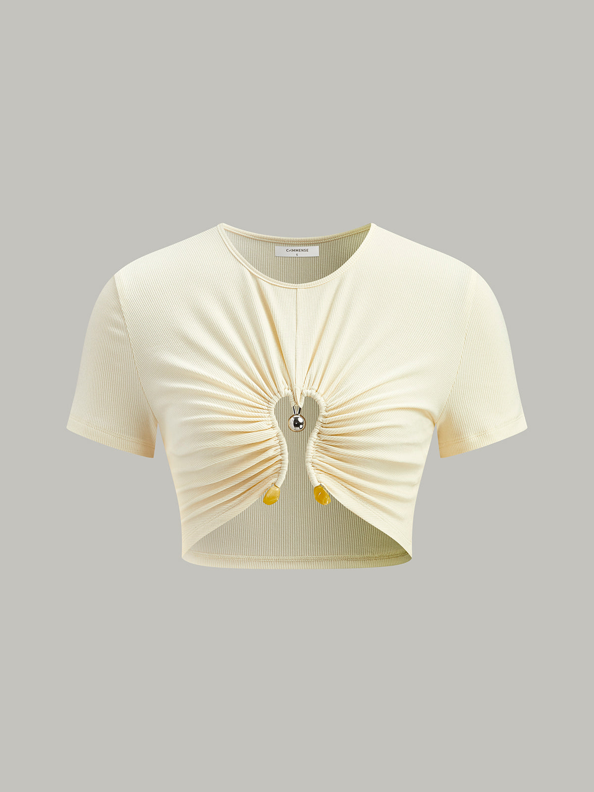 Cut-Out Ruched Metal Detail Ribbed T-Shirt-Chicvia