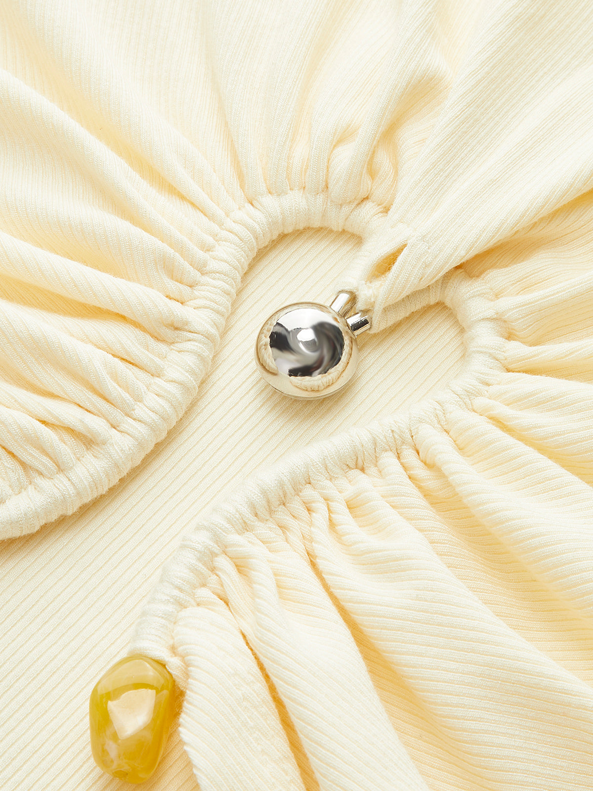 Cut-Out Ruched Metal Detail Ribbed T-Shirt-Chicvia