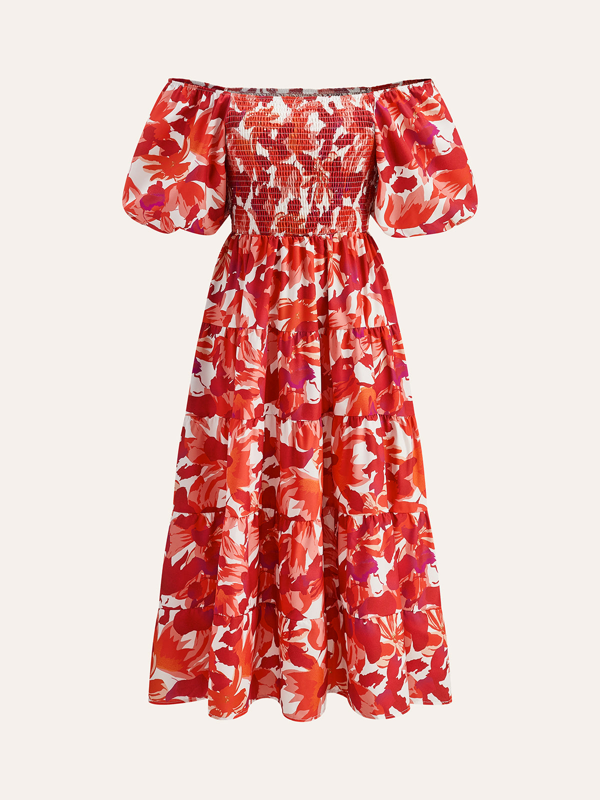 Off-Shoulder Smocked Floral Dress-Chicvia