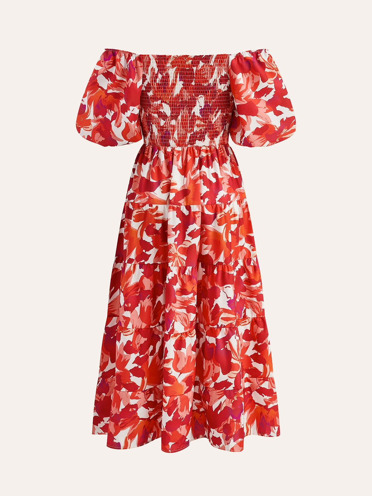 Off-Shoulder Smocked Floral Dress-Chicvia