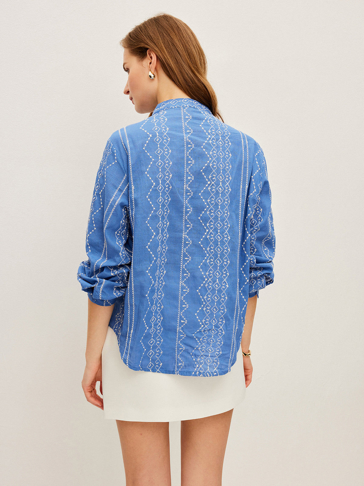 Embroidered Button-Down Shirt-Chicvia