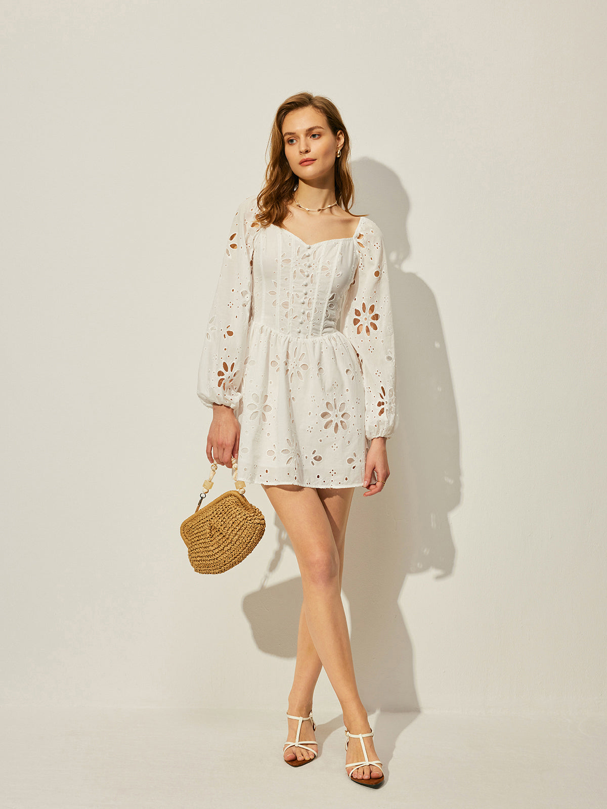 Cotton Floral Hollow Backless Dress-Chicvia