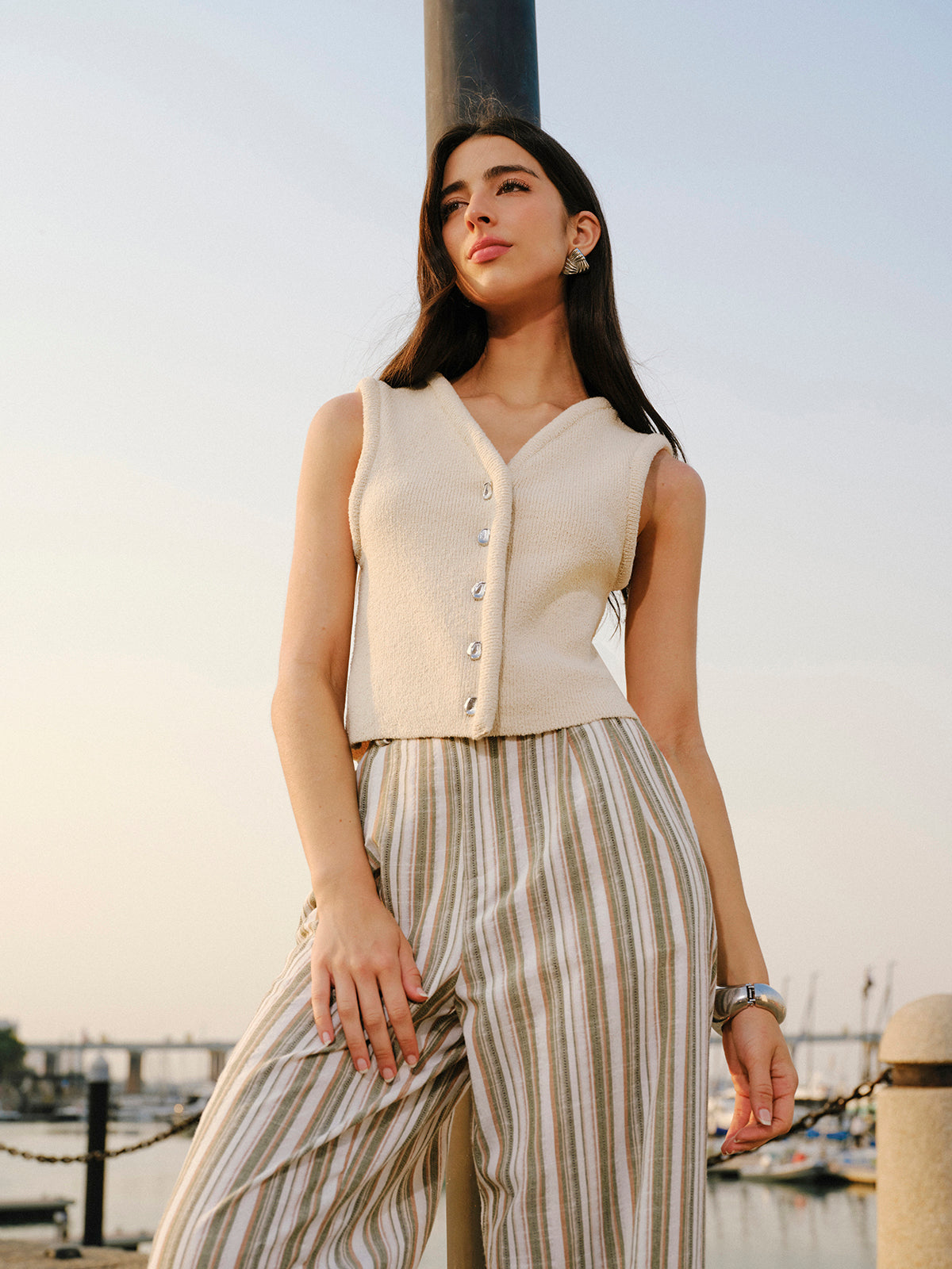 Button Front Sweater Vest-Chicvia