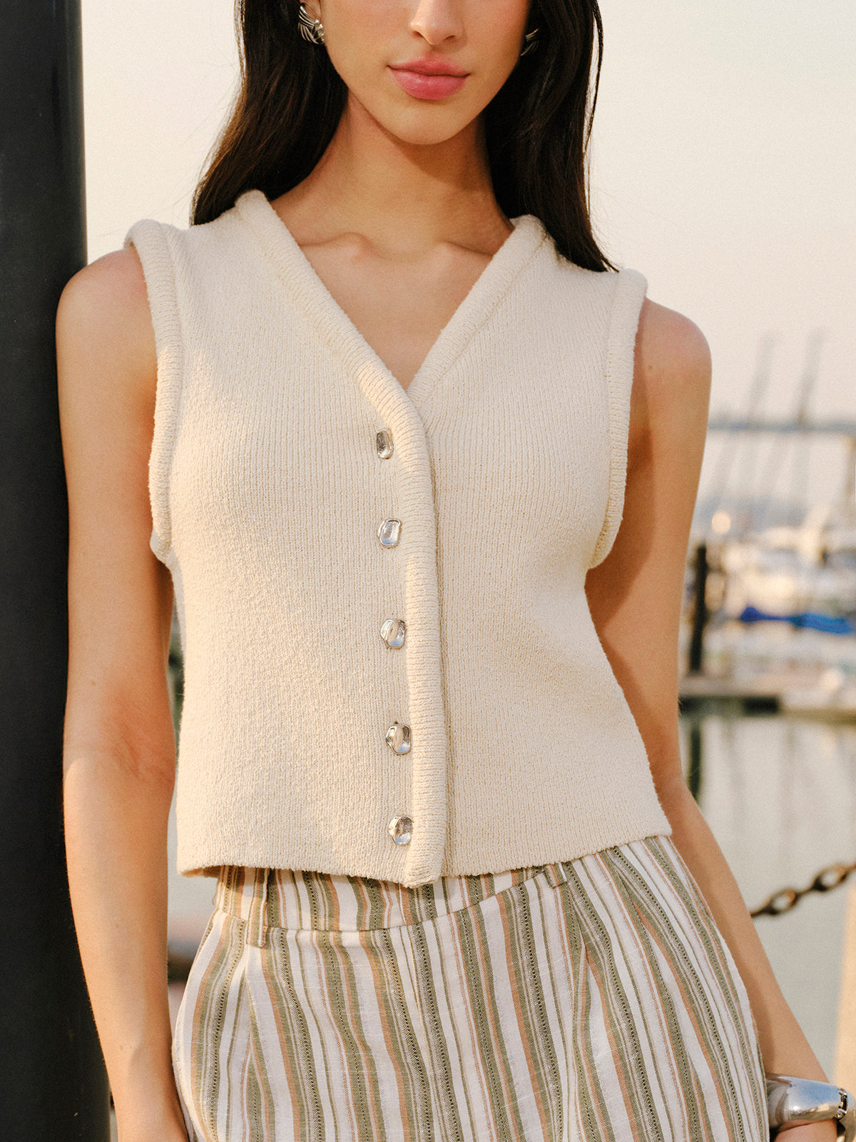 Button Front Sweater Vest-Chicvia