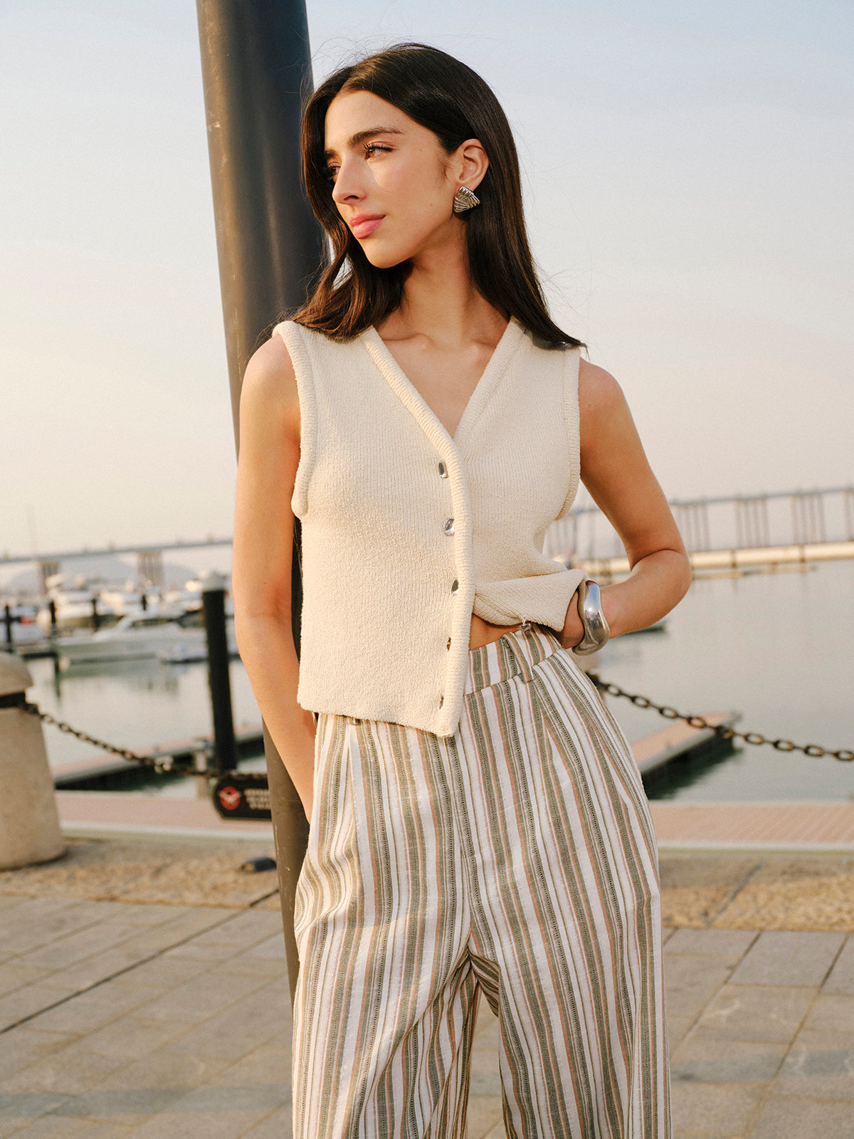 Button Front Sweater Vest-Chicvia