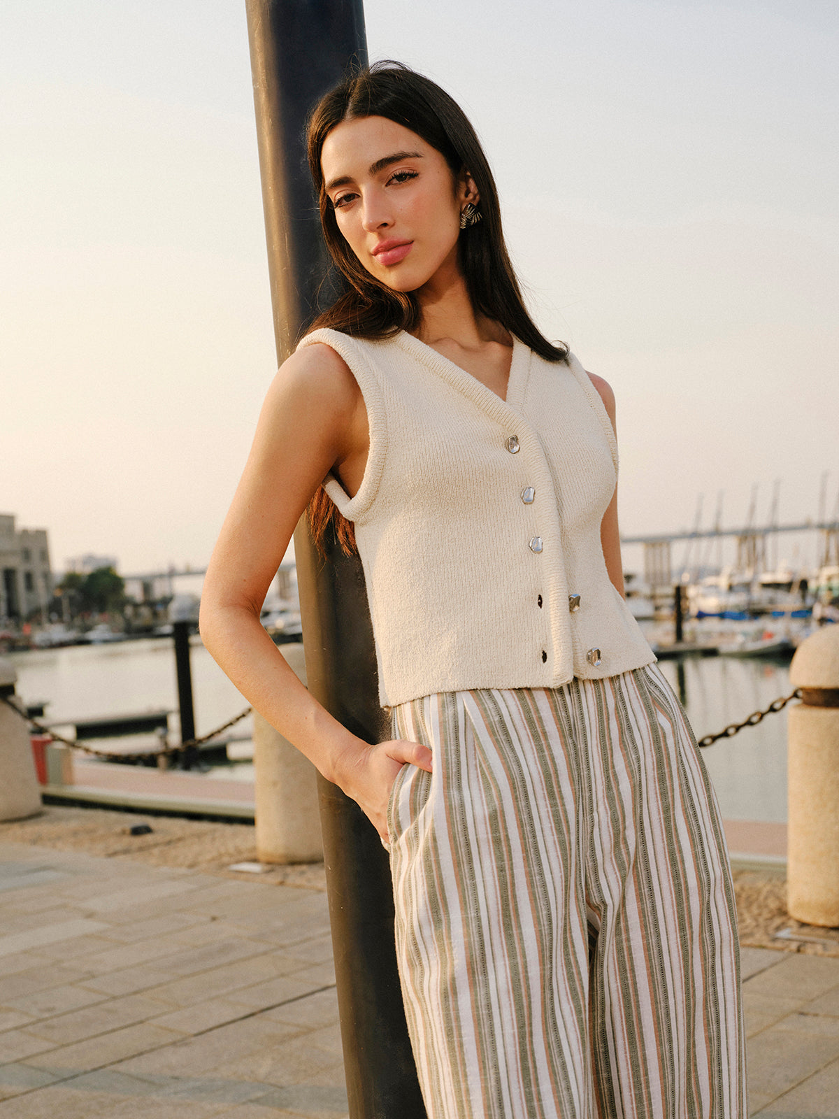 Button Front Sweater Vest-Chicvia