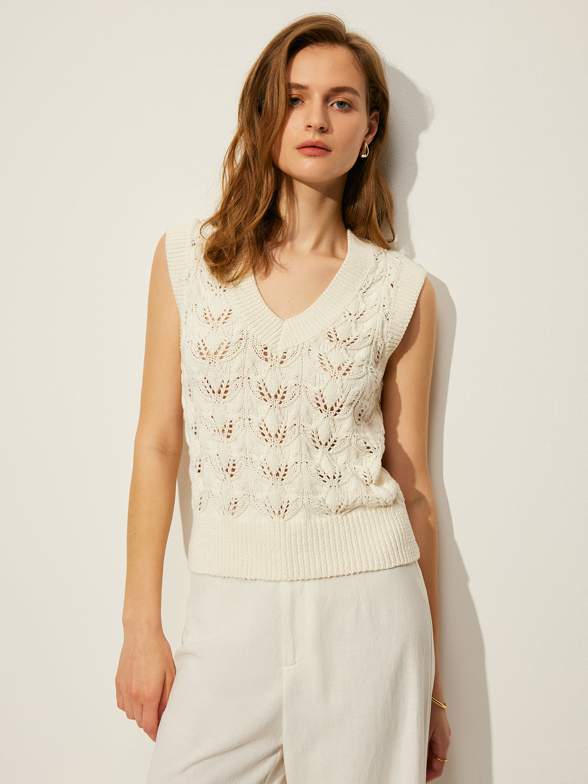 Crochet Floral V-Neck Sweater Vest-Chicvia
