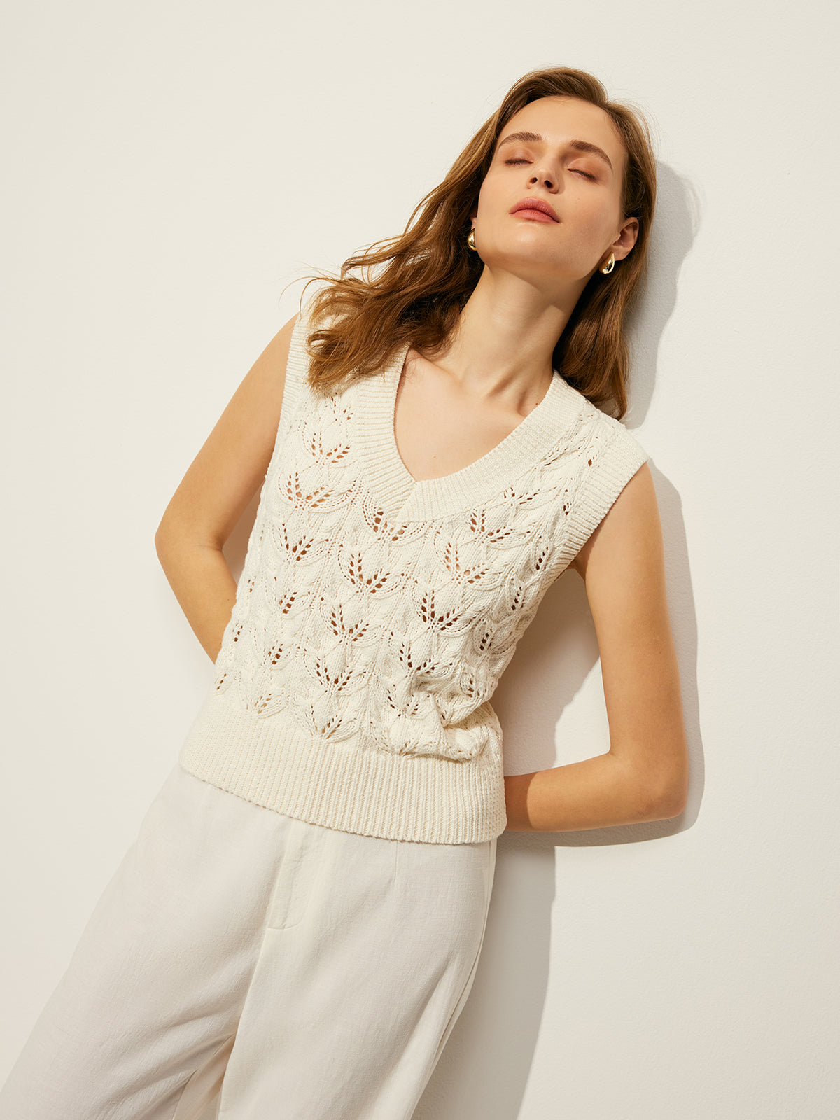 Crochet Floral V-Neck Sweater Vest-Chicvia