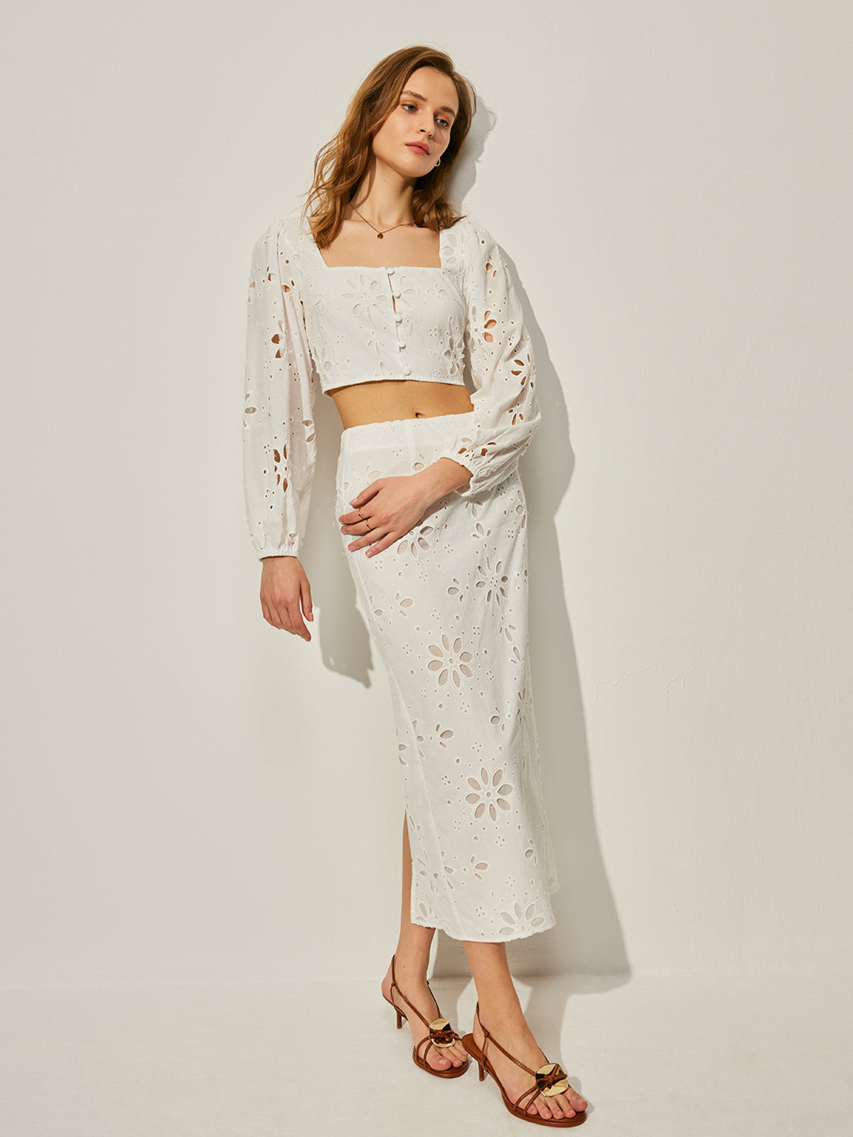 Cotton Hollow Floral Skirt Set-Chicvia