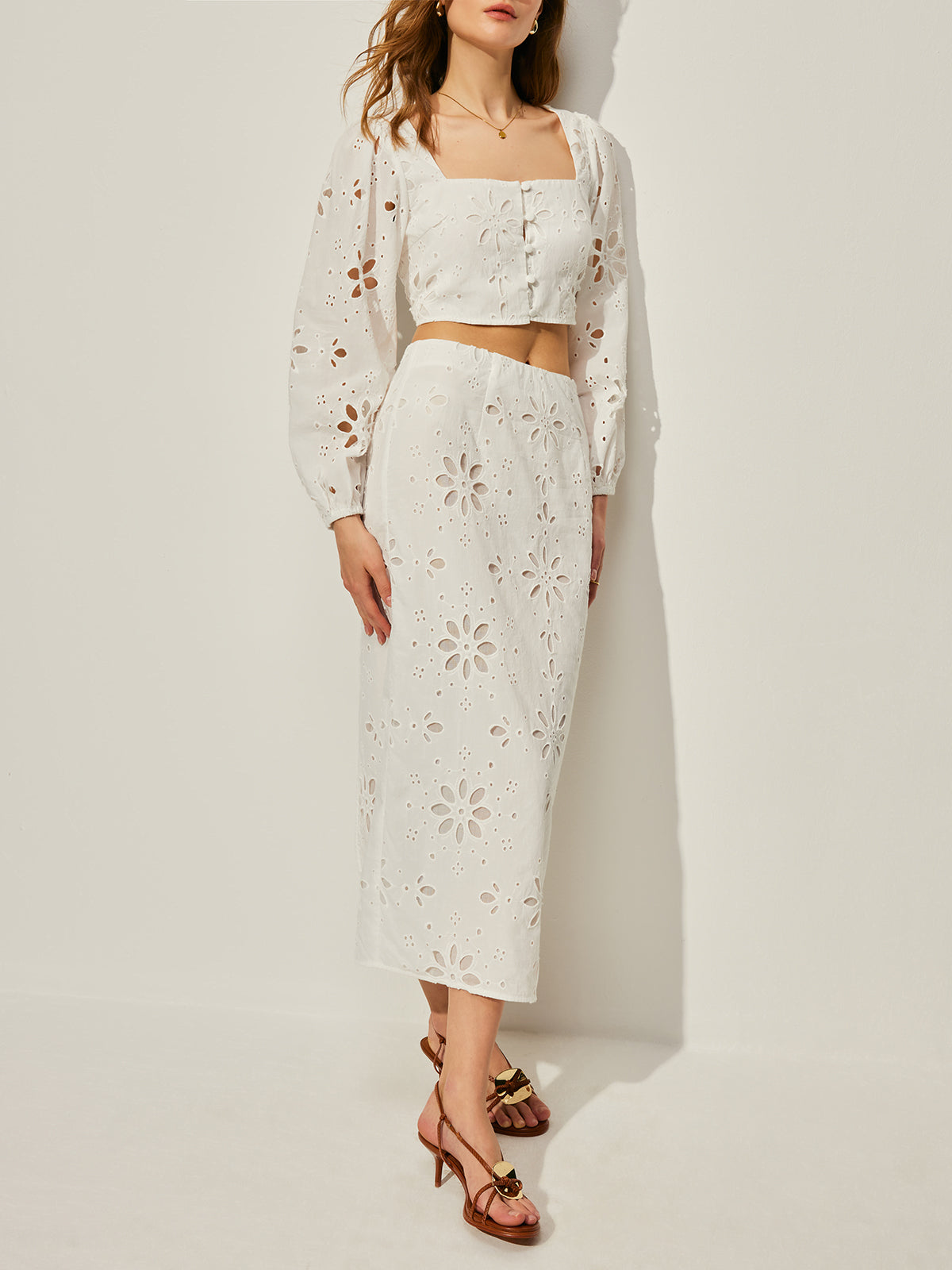 Cotton Hollow Floral Skirt Set-Chicvia