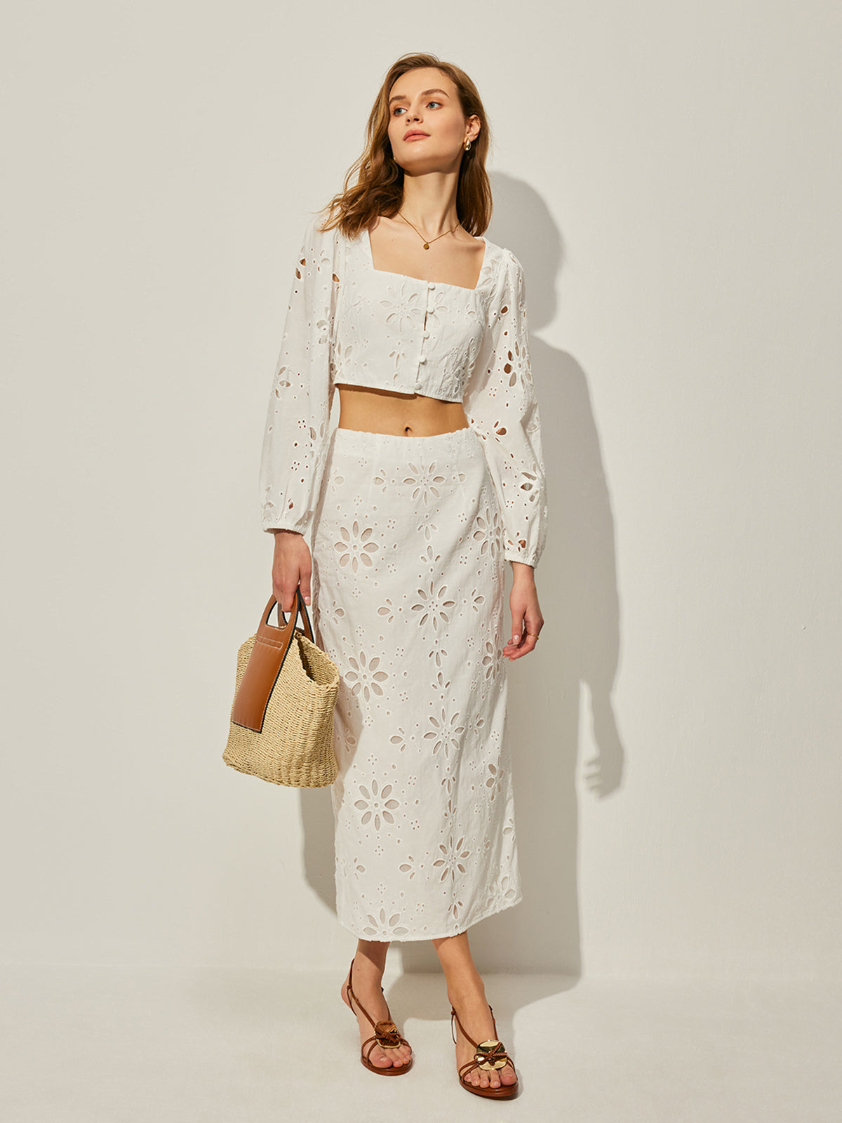 Cotton Hollow Floral Skirt Set-Chicvia