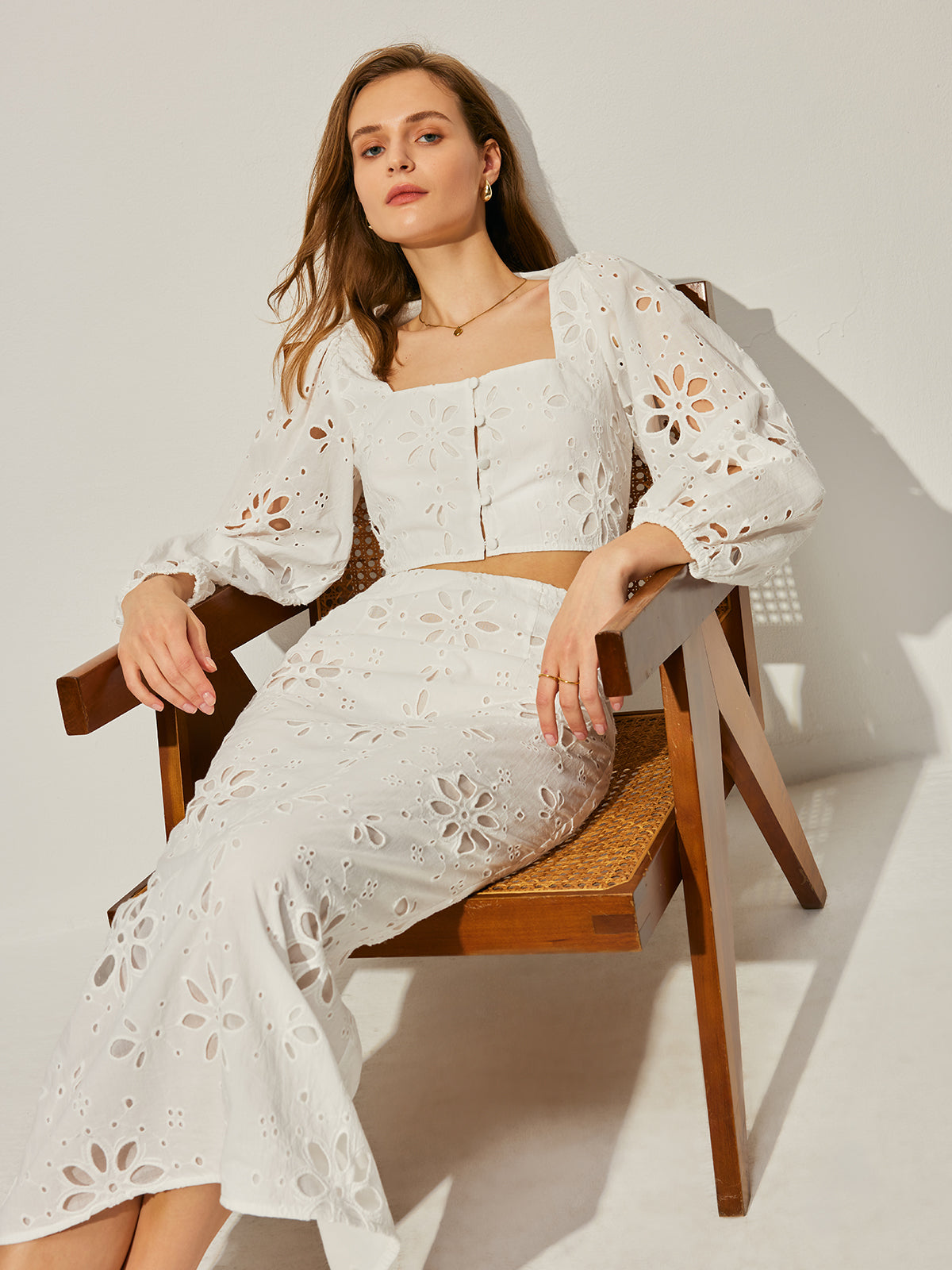 Cotton Hollow Floral Skirt Set-Chicvia