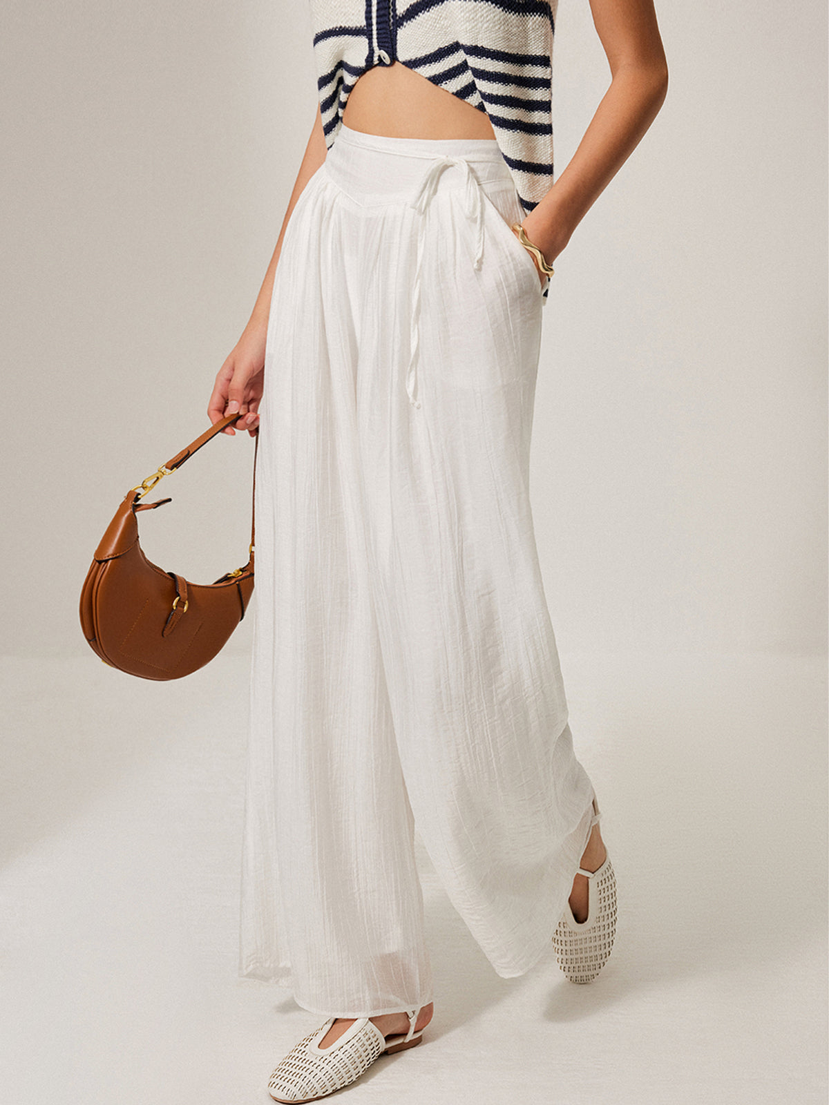 Mid-Waist Pocket Detail Tie Pants-Chicvia