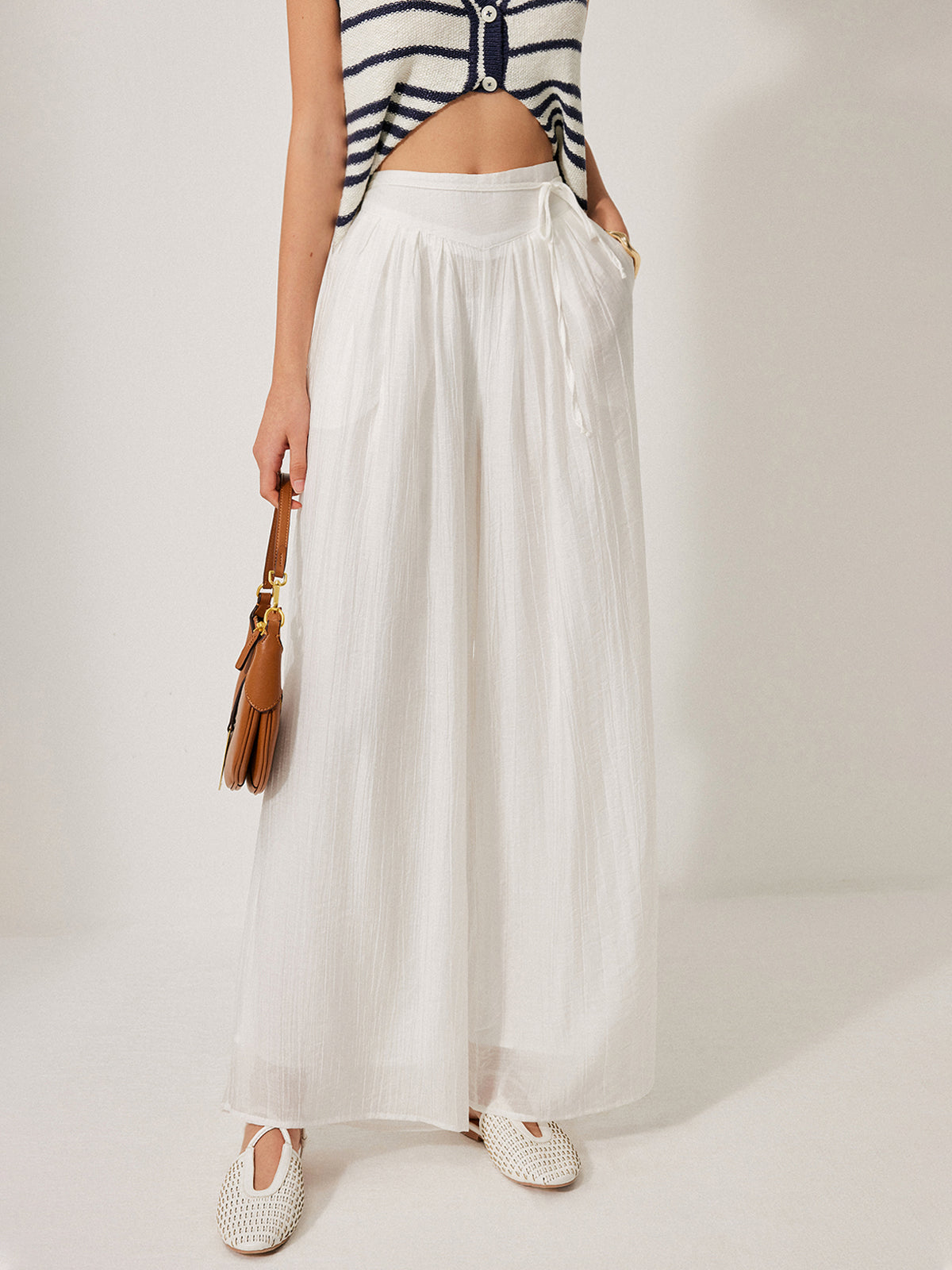 Mid-Waist Pocket Detail Tie Pants-Chicvia