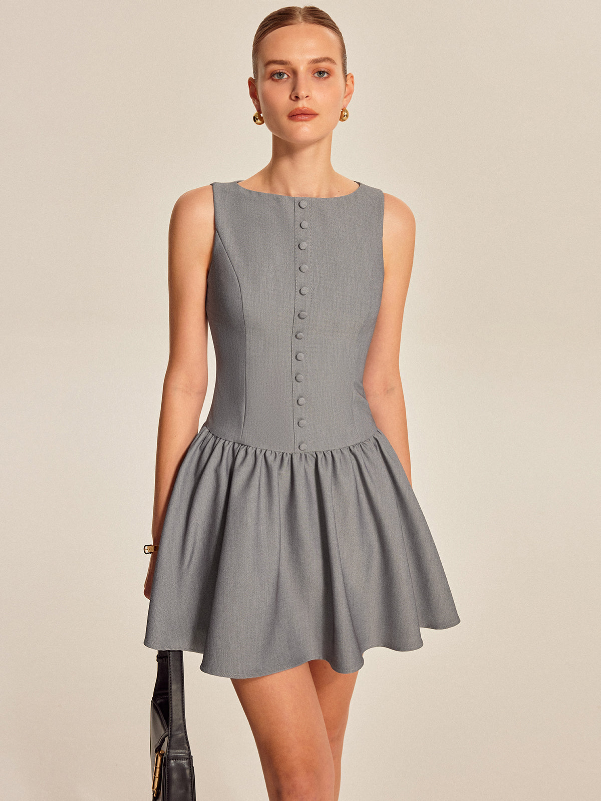 Button Front Pleated Sleeveless Dress-Chicvia