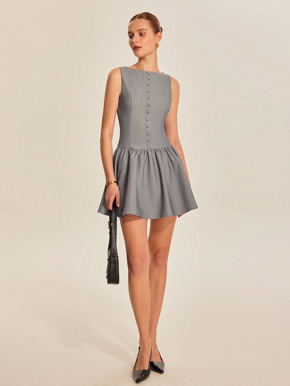 Button Front Pleated Sleeveless Dress-Chicvia