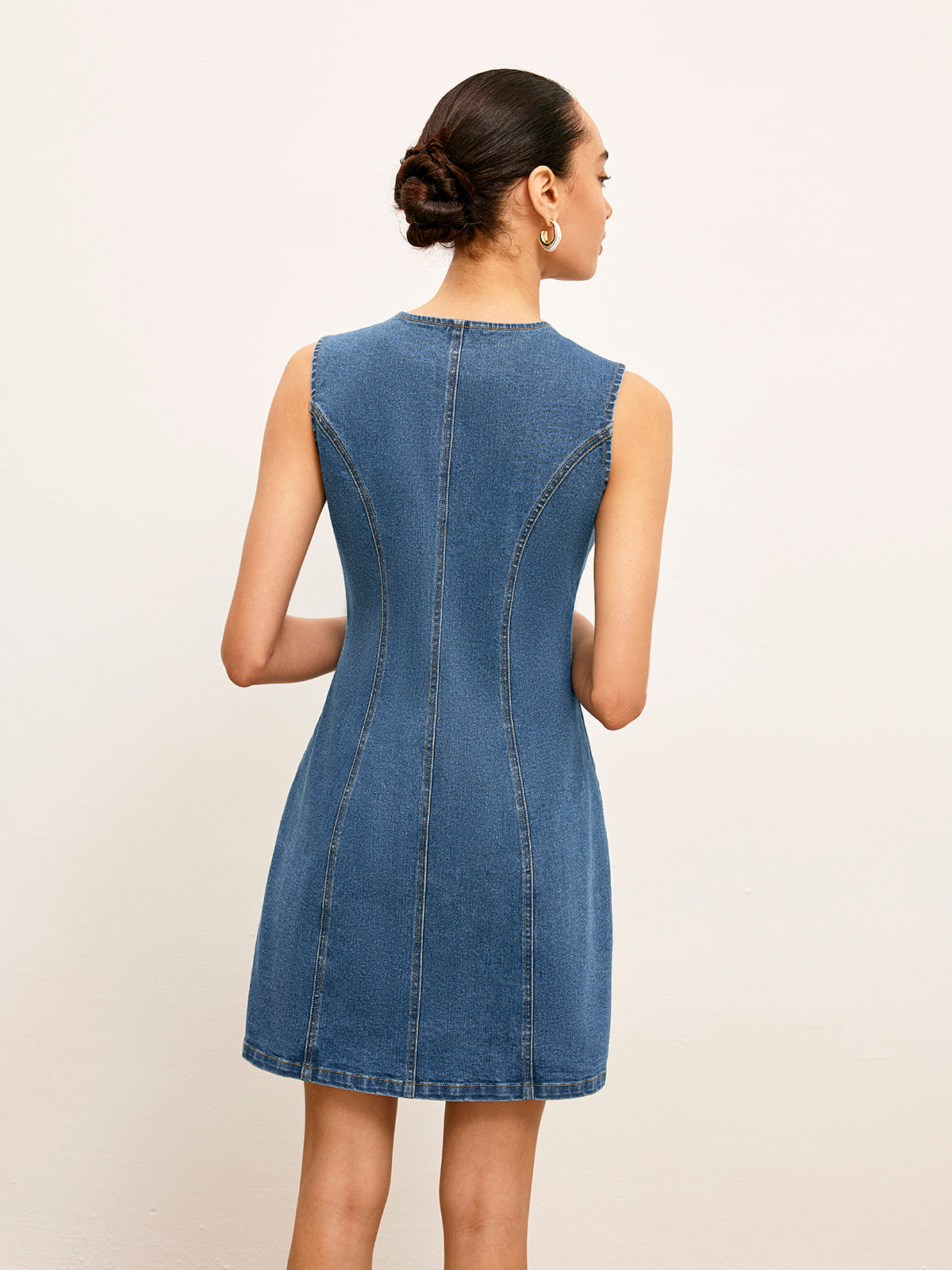 Button Detail Pockets Denim Dress-Chicvia