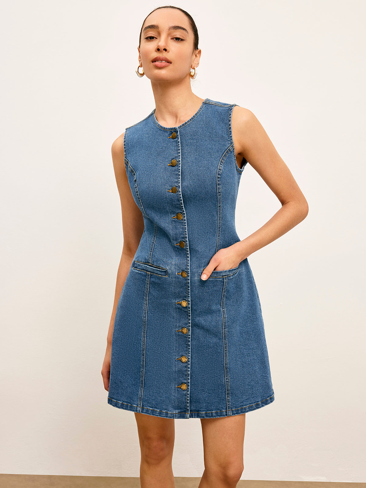 Button Detail Pockets Denim Dress-Chicvia