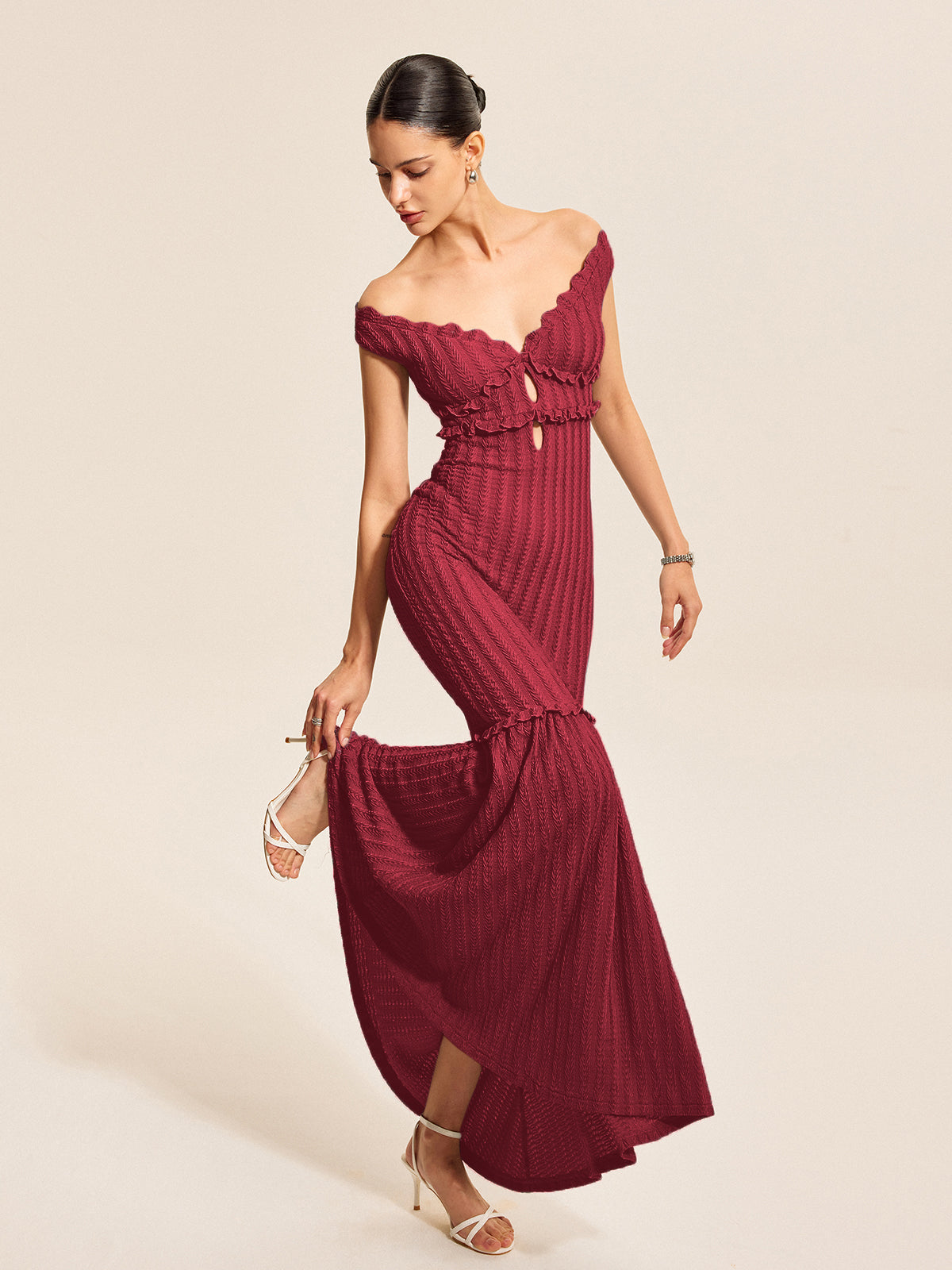 Off-Shoulder Ruffle Detail Dress-Chicvia