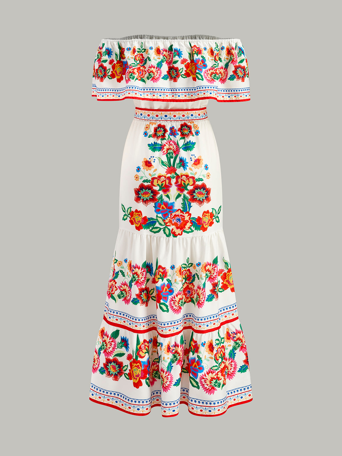 Off-Shoulder Floral Print Dress With Belt-Chicvia