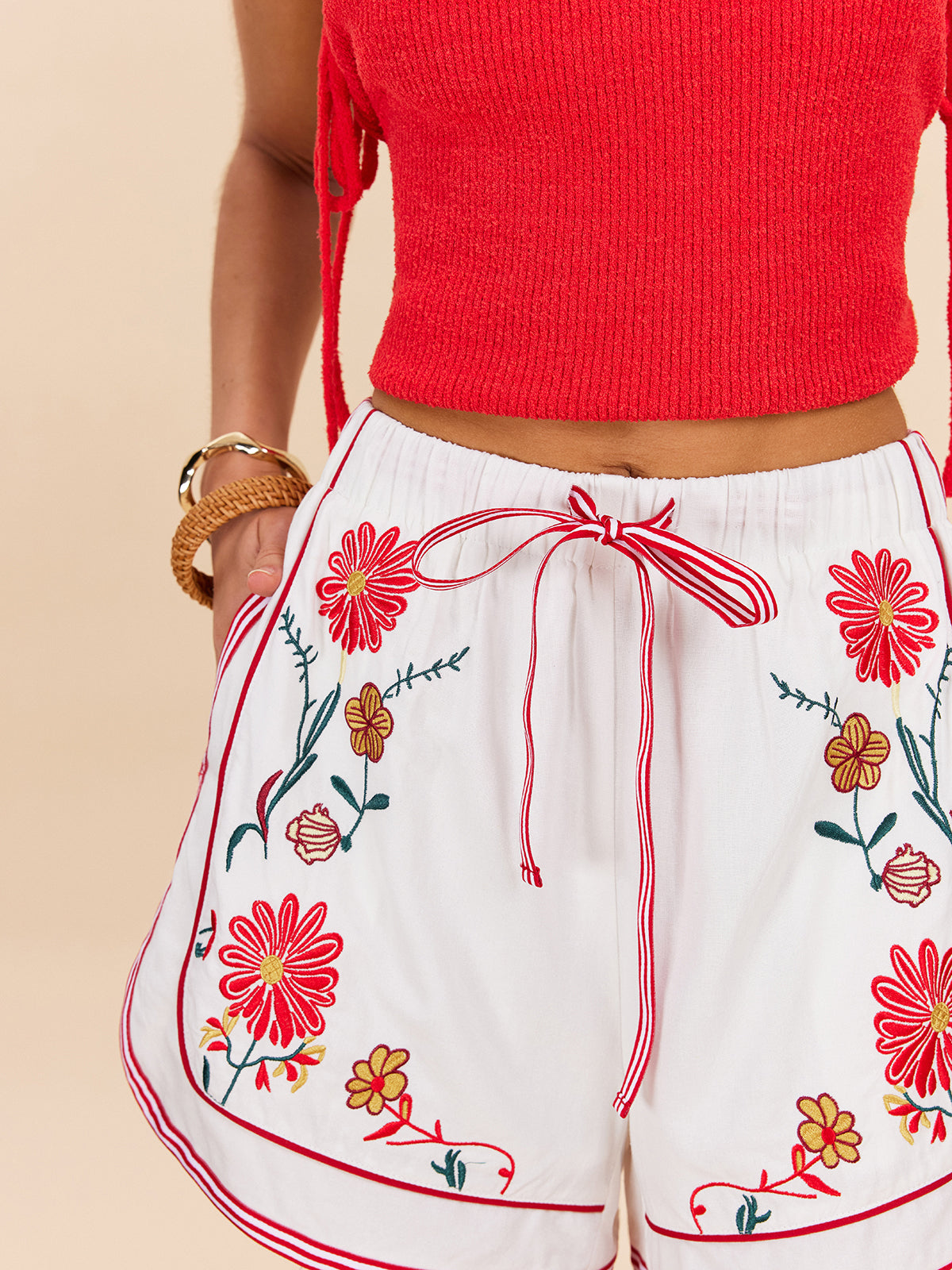 Cotton & Linen Floral Embroidered Shorts With Drawstring Waist-Chicvia