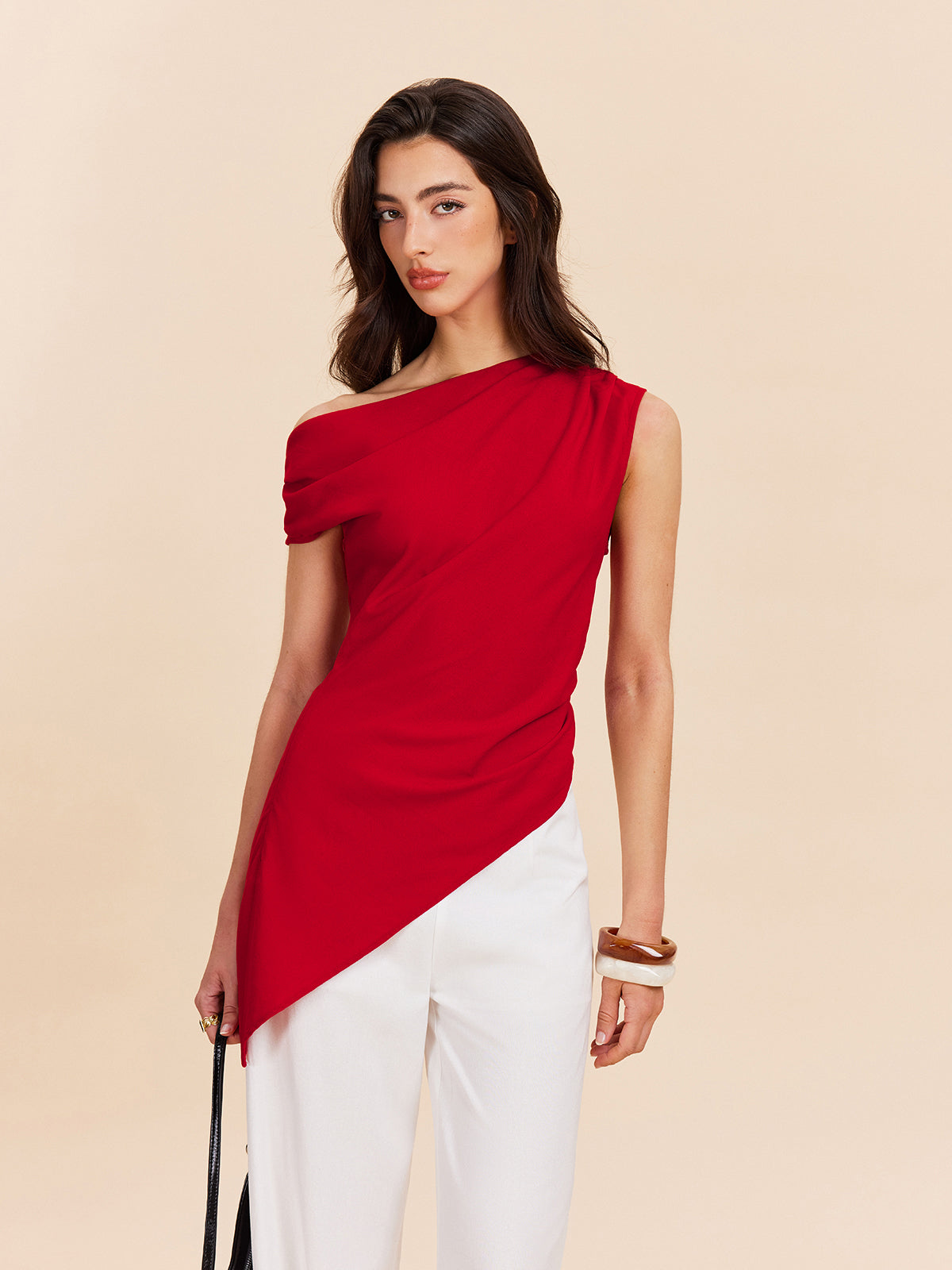 Cotton & Linen One-Shoulder Top-Chicvia