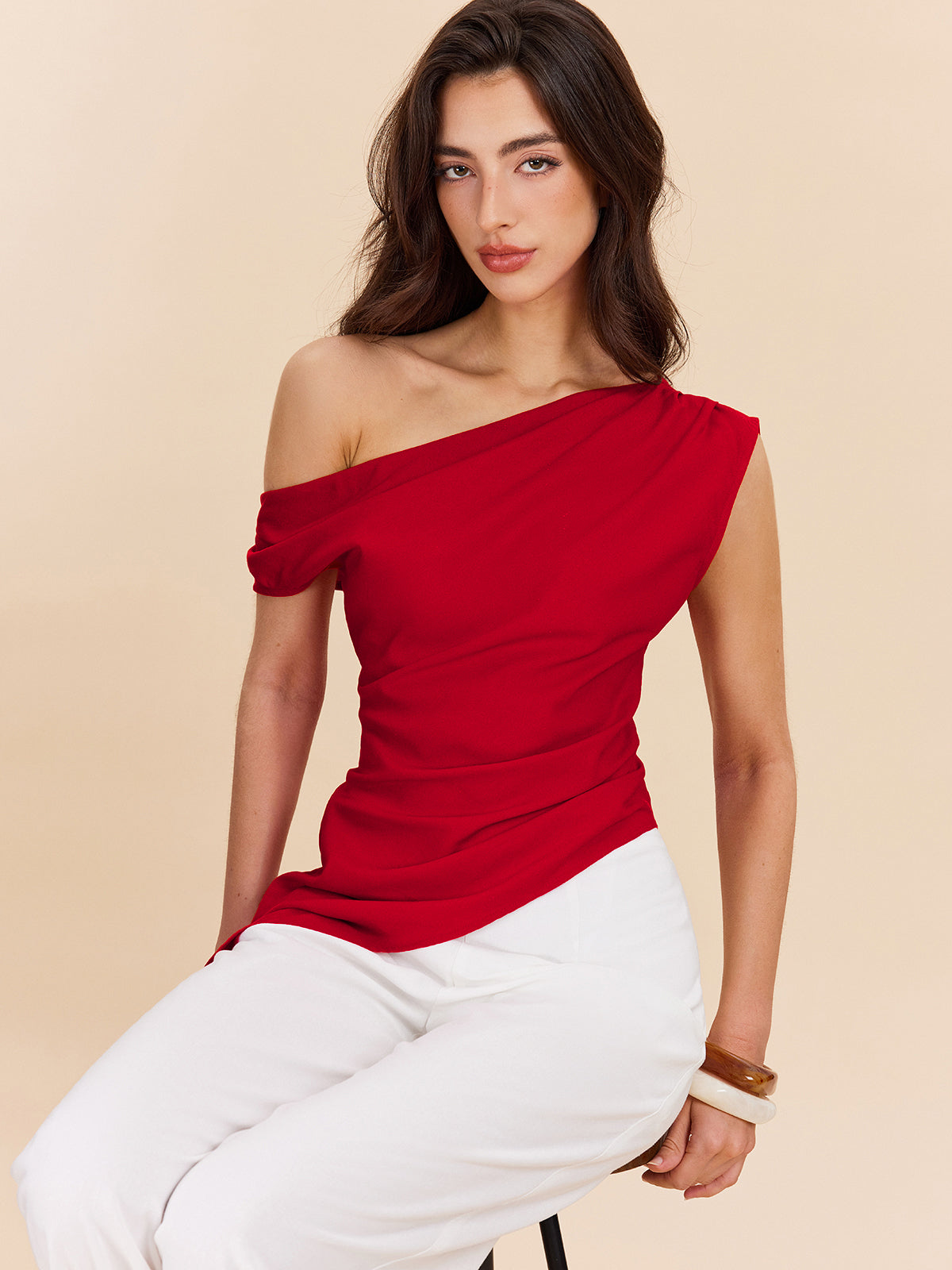 Cotton & Linen One-Shoulder Top-Chicvia