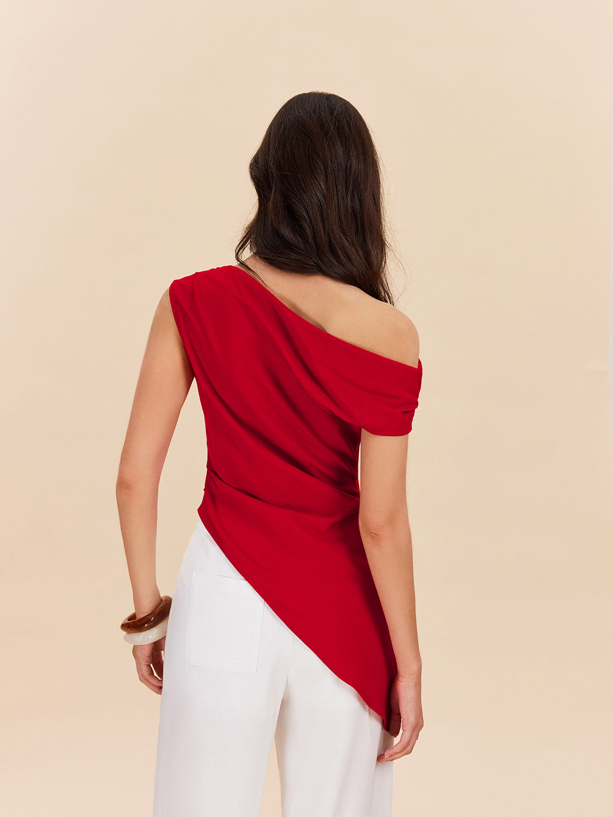 Cotton & Linen One-Shoulder Top-Chicvia