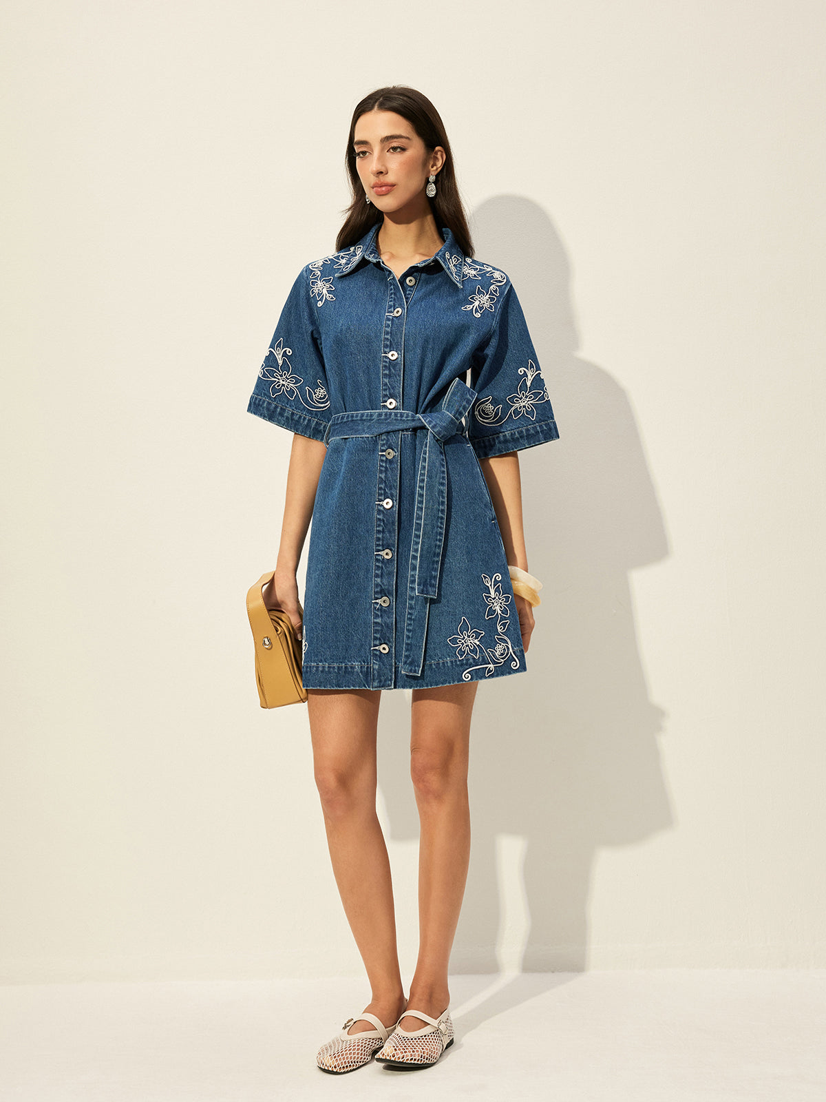 Embroidered Denim Shirt Dress With Belt-Chicvia