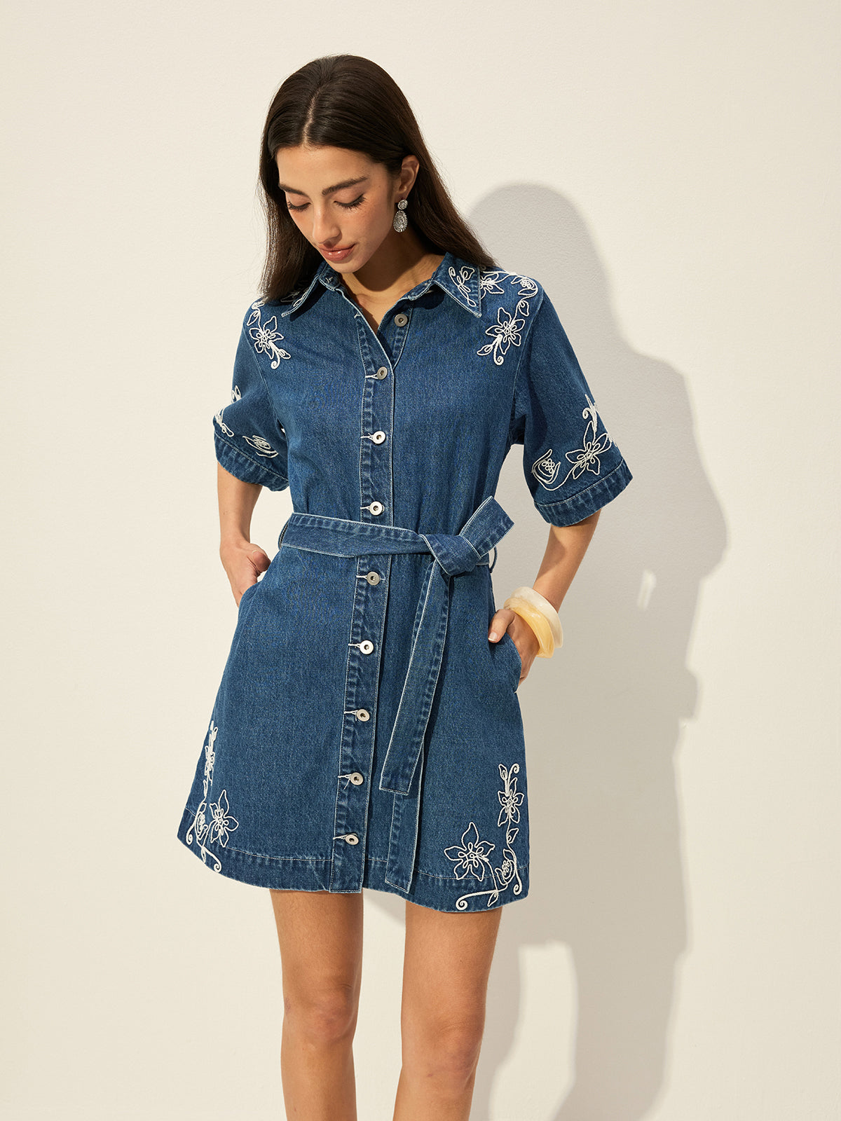Embroidered Denim Shirt Dress With Belt-Chicvia