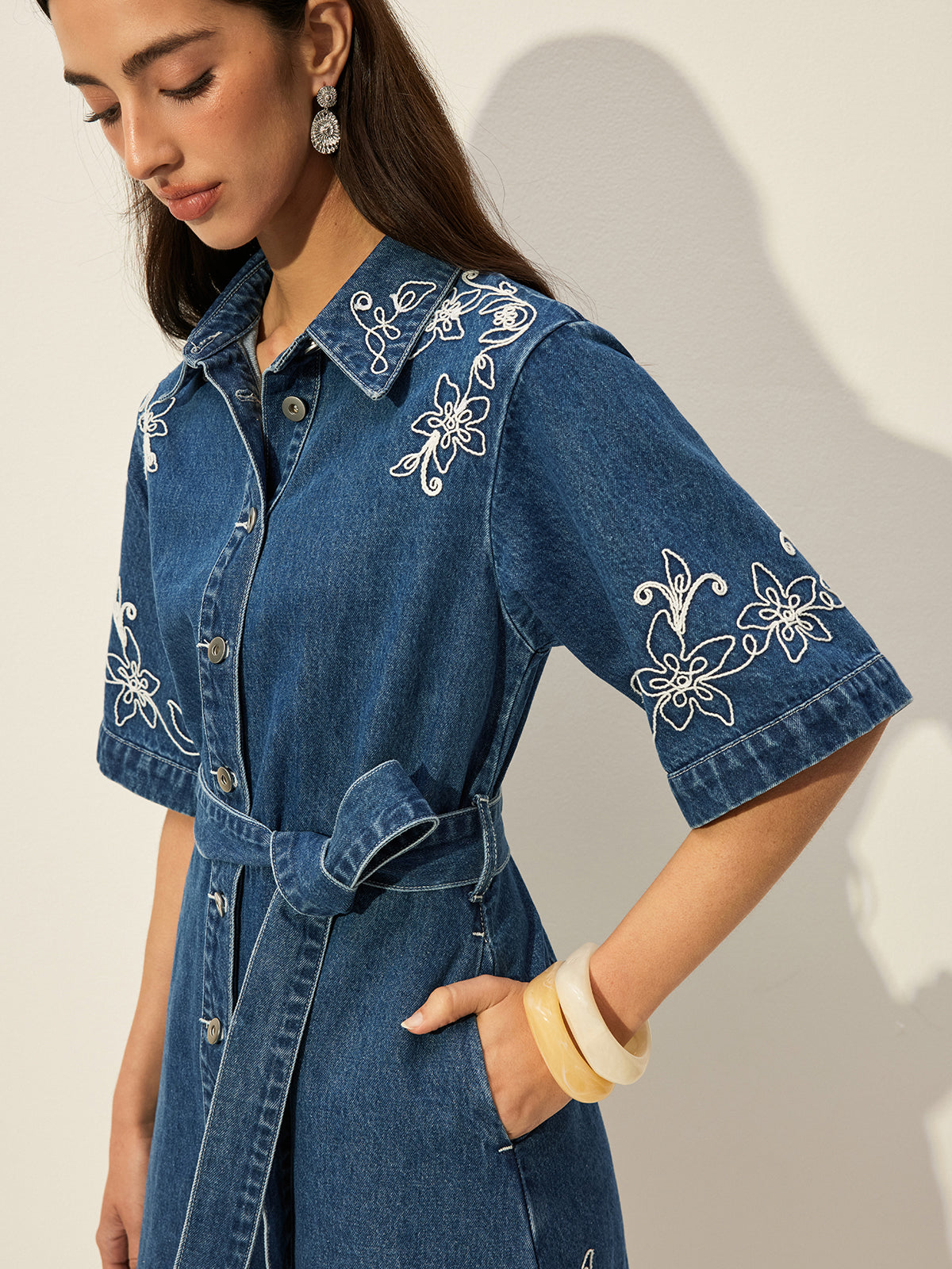 Embroidered Denim Shirt Dress With Belt-Chicvia