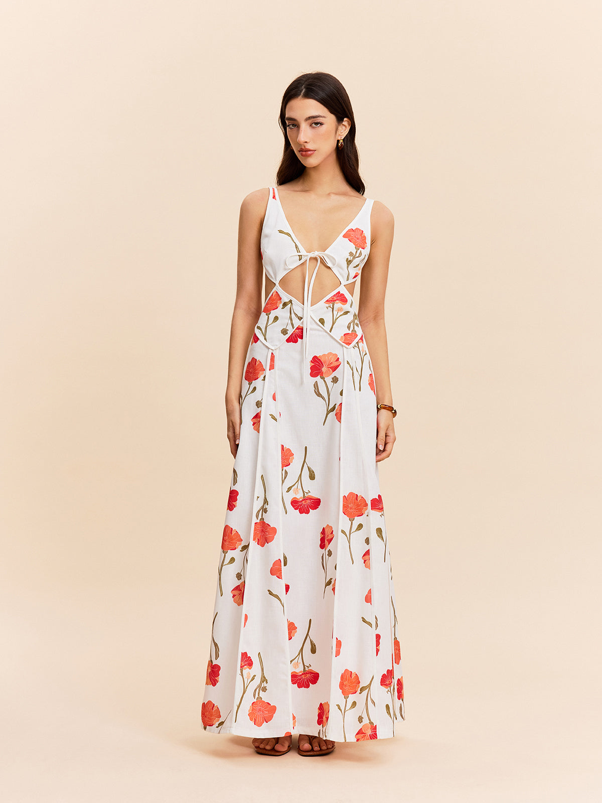 Floral Cut-Out Tie-Back Dress-Chicvia