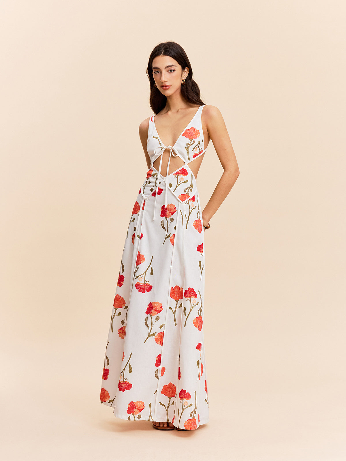 Floral Cut-Out Tie-Back Dress-Chicvia