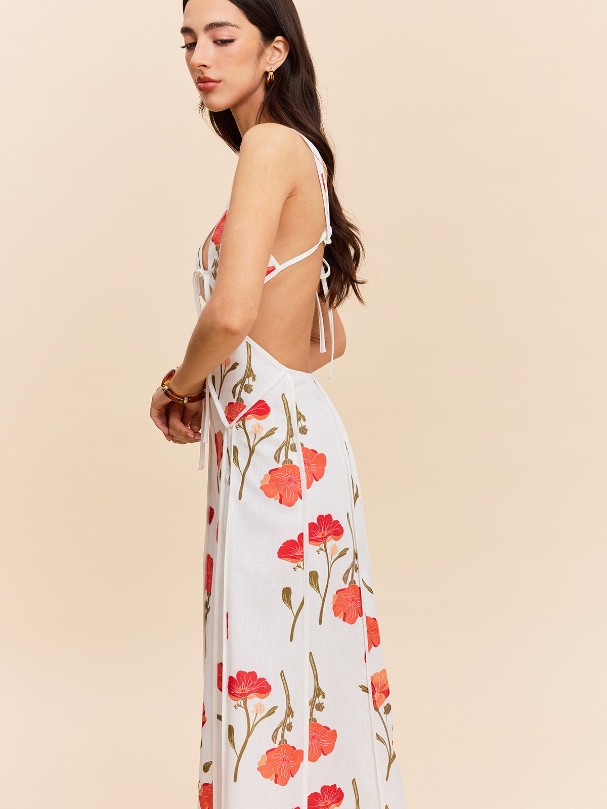Floral Cut-Out Tie-Back Dress-Chicvia