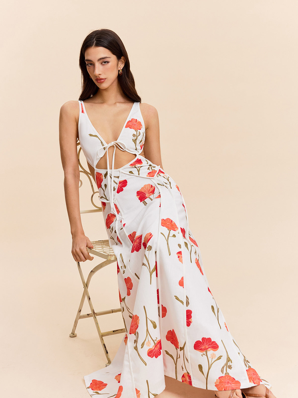 Floral Cut-Out Tie-Back Dress-Chicvia