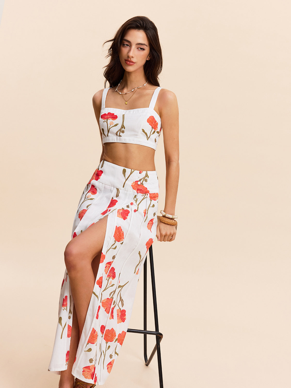 Floral Crop Top With Skirt Set-Chicvia