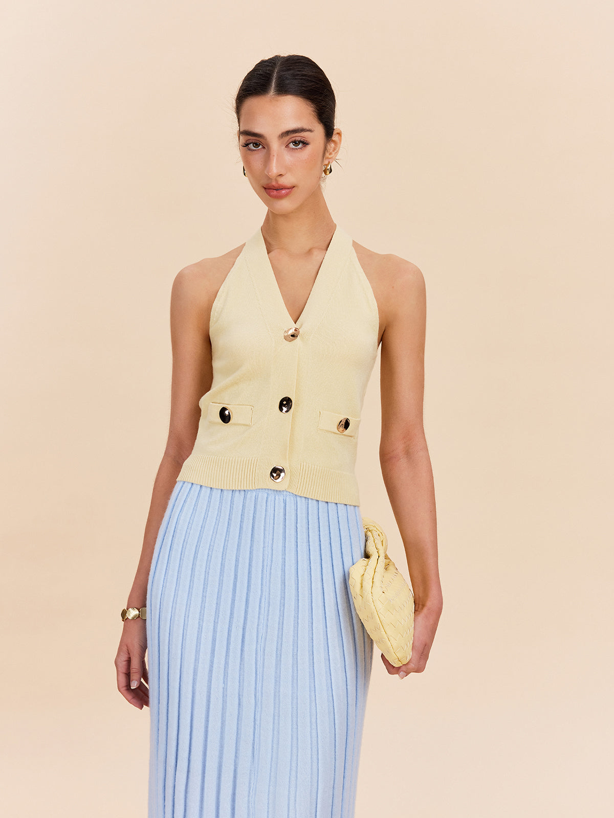 Halter Neck Ribbed Knit Vest With Decor Pockets-Chicvia