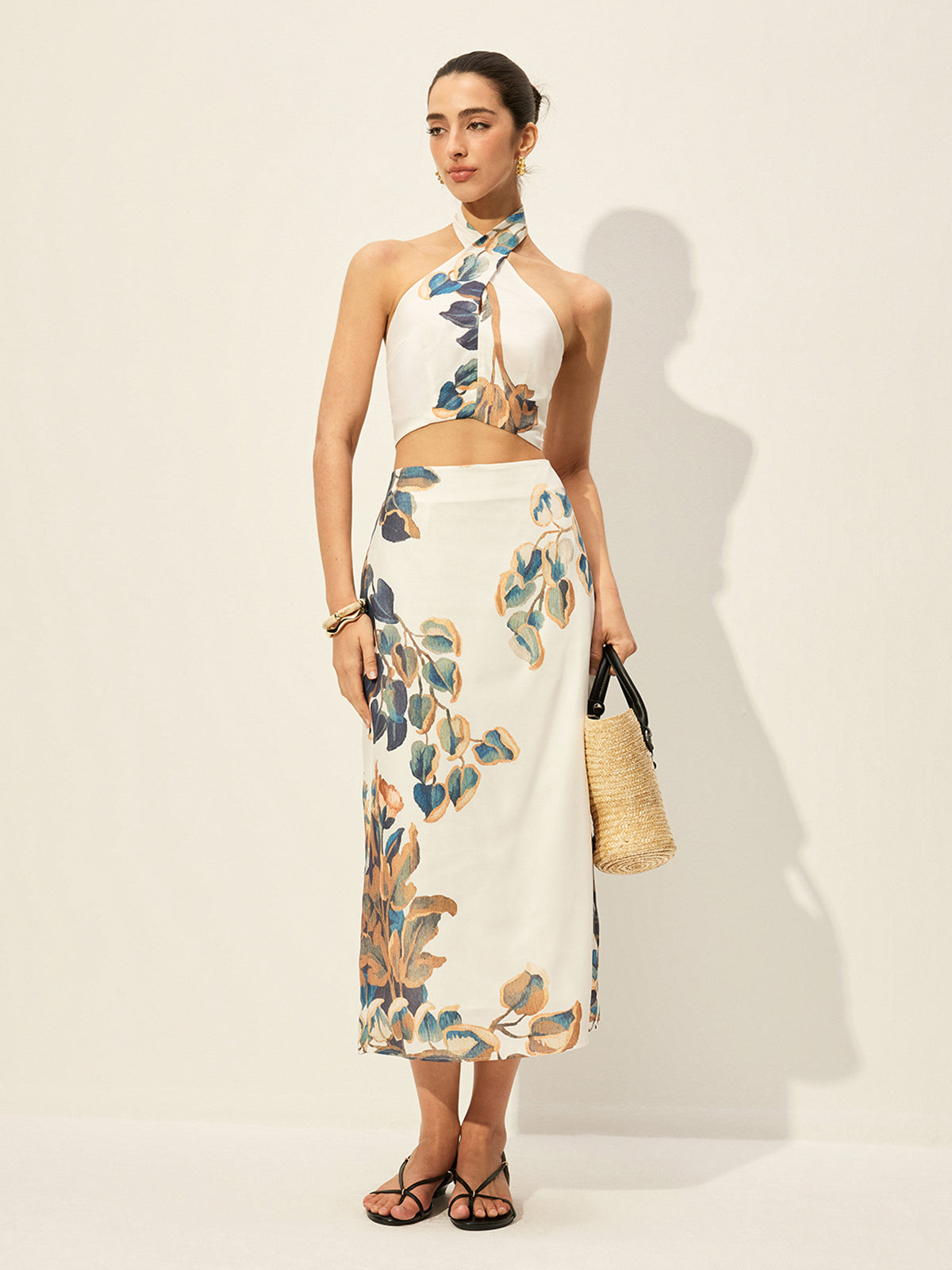 Floral Print Halter Top With Skirt Set-Chicvia