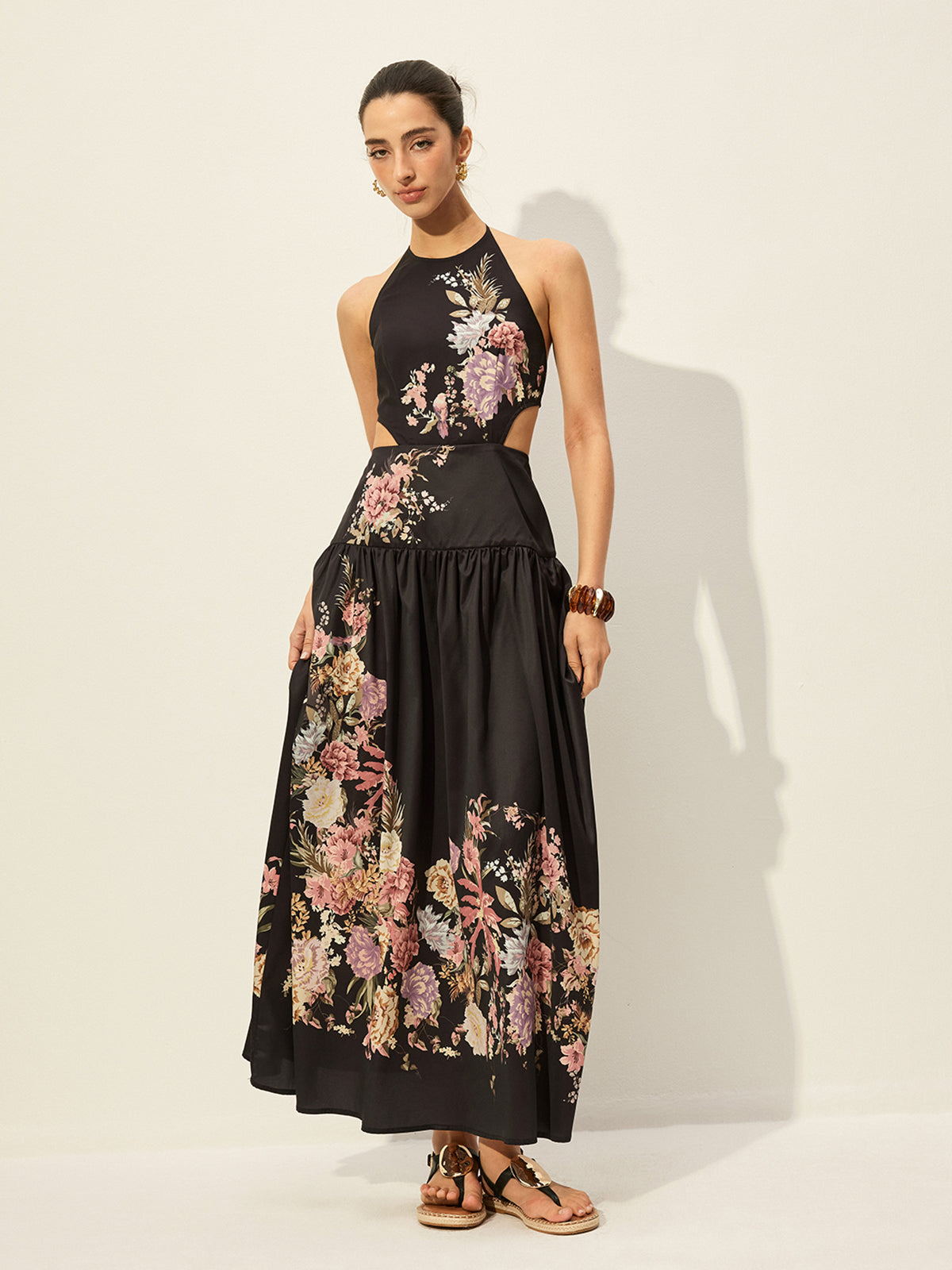 Floral Print Halter Neck Dress With Cut-Out Detail-Chicvia